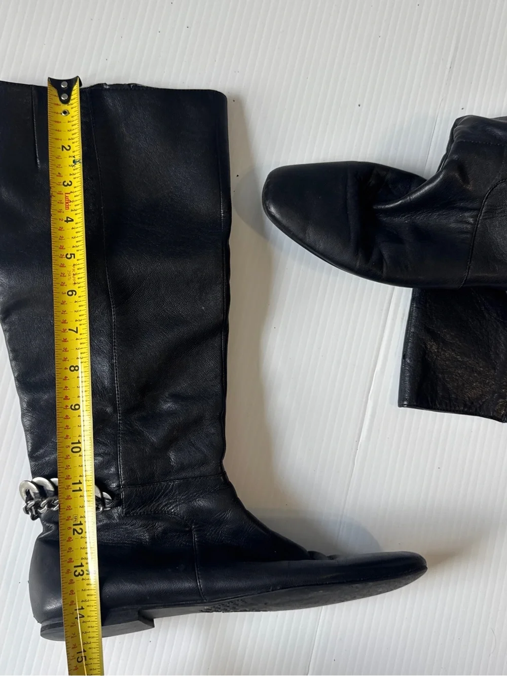 Calvin Klein Martha Black Leather Knee High Boots Chain Detail Riding Size 8M